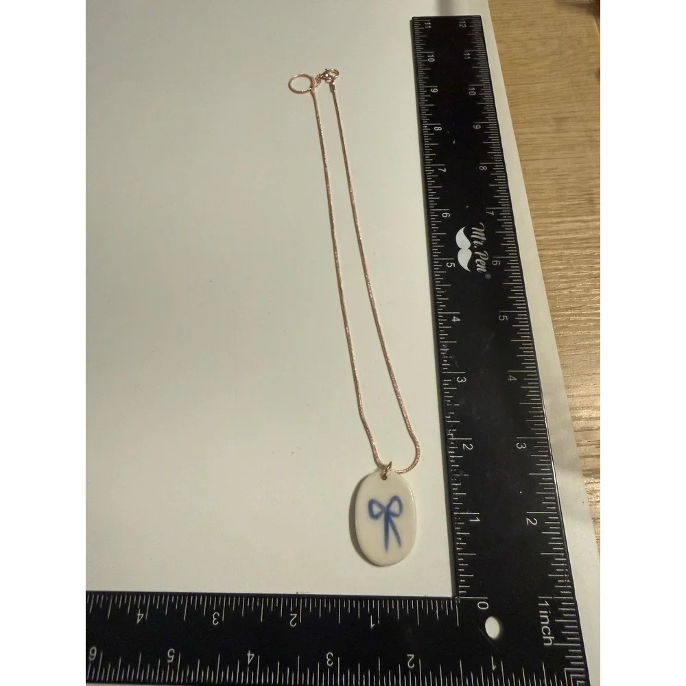 Handmade Ceramic Oval Pendant Necklace Blue Bow White Porcelain Gold Tone‎ Chain